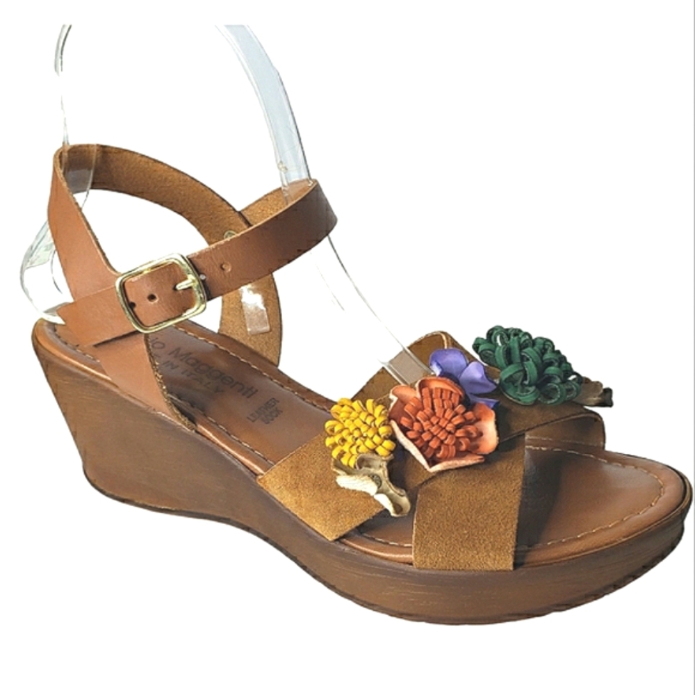 Fabio Moggenti 3D Leather Flowers Wedge Ankle Cross Straps Boho Artsy Cottagecor